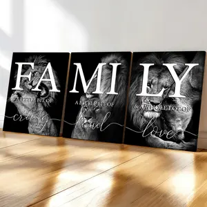 3-Piece Wood Frame Canvas, Lion Family Theme Trio Decor, Modern Living Room Wall Art, Waterproof, Suitable for Bedroom Office Corridor, Wooden Wall Art