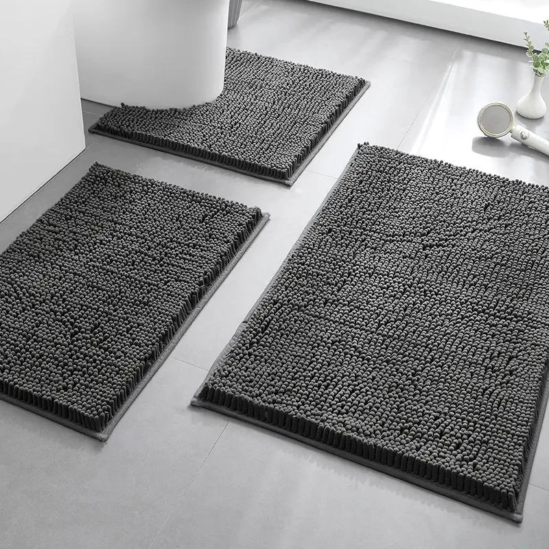 3 Piece Bathroom Rug Set, Soft Chenille Bath Mats with U-Shaped Toilet Rug, Absorbent Quick Dry Bath Mat Set, Machine Washable Bathroom Rugs for Tub, Shower, Sink & Toilet, Grey