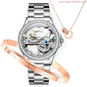 Brand OLEVS Womens Watch Automatic Mechanical Diamond Skeleton Silver Luxury Dress Waterproof Luminous Watches for Women Gift Box Set