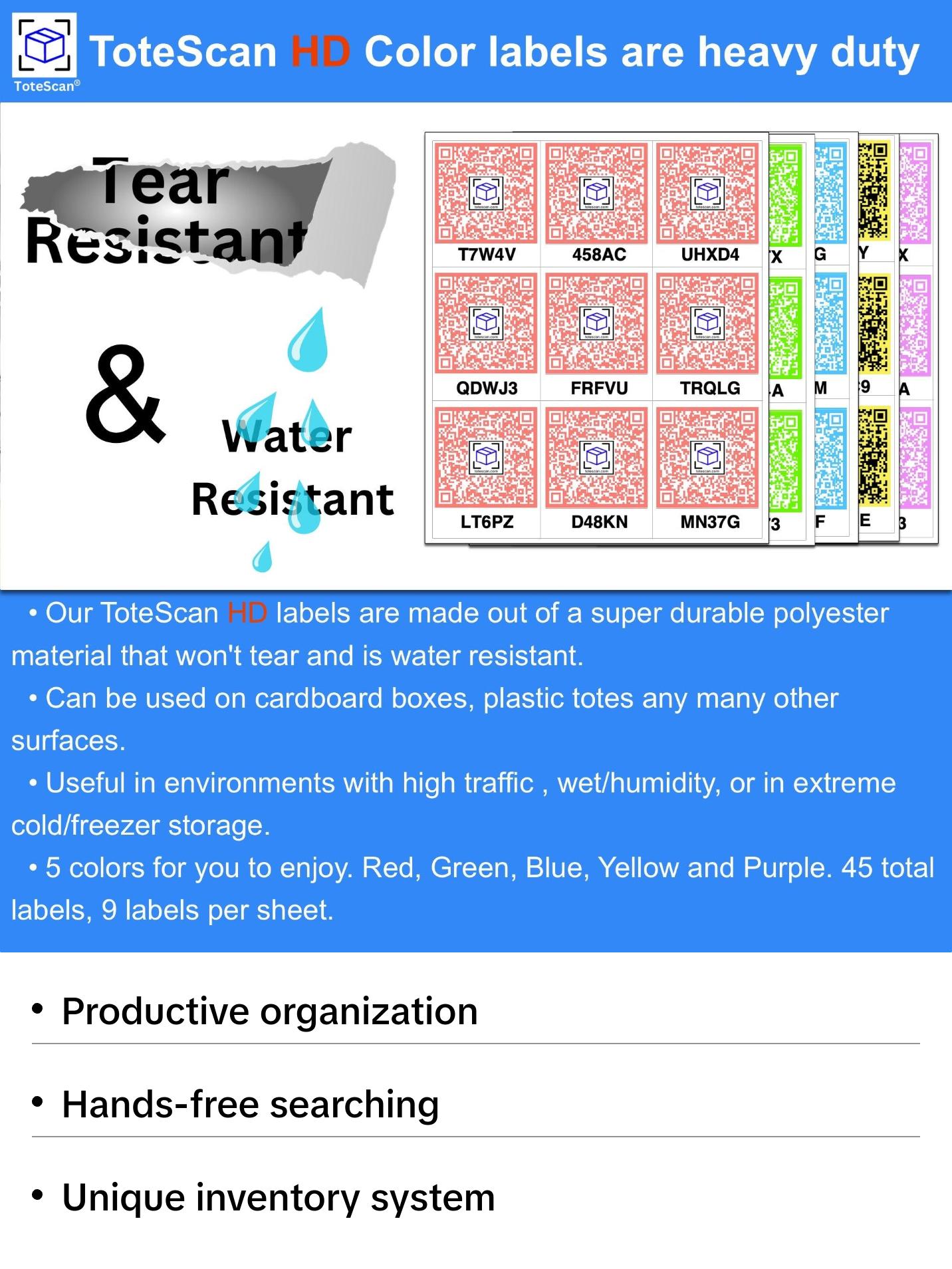 ToteScan HD Color (Heavy Duty) Intelligent QR Labels for Organization/Moving/Storage (45 Unique Labels, 2.5"x3")