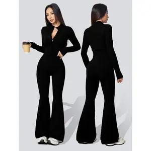 Women's two-piece set, autumn and winter knitted ribbed stand up collar zipper jacket, high waisted ribbed flared pants, casual yoga sportswear, sports suitRAIMENTRY