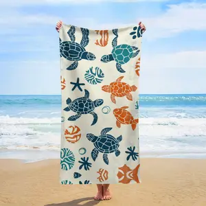 Vintage Sea Turtle Print Beach Towel, Retro Teal & Orange Ocean Pattern, Quick-Dry Absorbent Towel for Marine Life Lovers