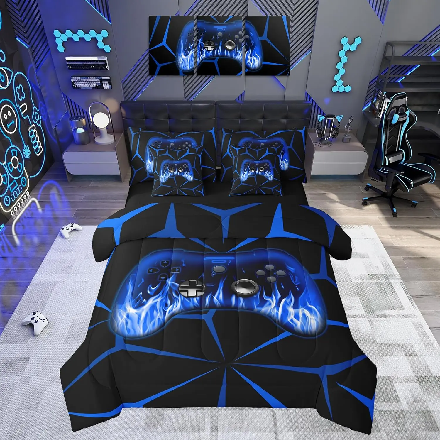 Feelyou 7-Piece Gamer Comforter Set, 3D Geometric Patterns Queen Bedding Set, Blue & Black Video Game Console Controller Bed-in-a-Bag for Boys, Queen Bedding Sets