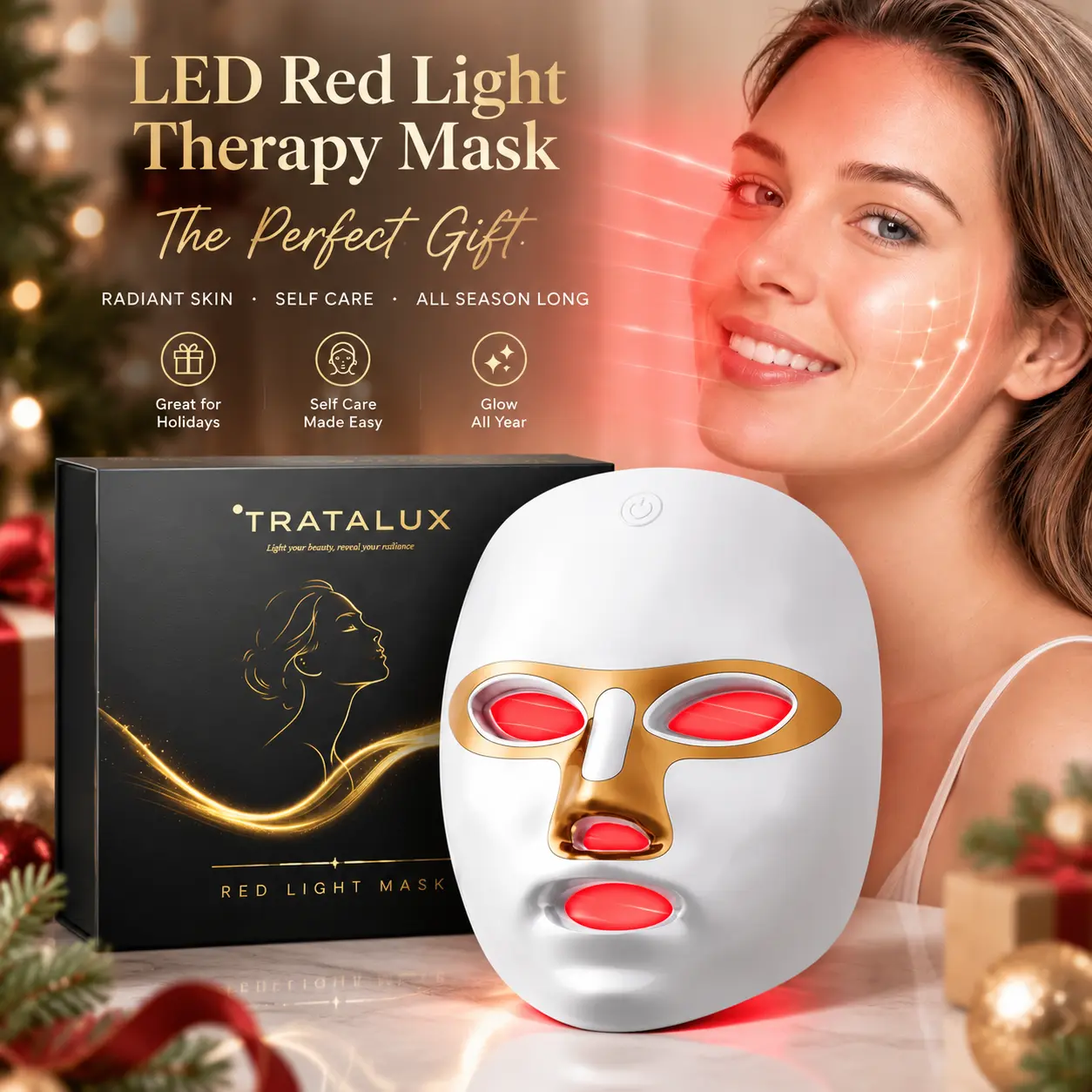 Tratalux 7-Color LED Red Light Therapy Mask, Cordless Rechargeable Facial Beauty Device, Skincare Beauty Products for Daily Self-Care & Gifting