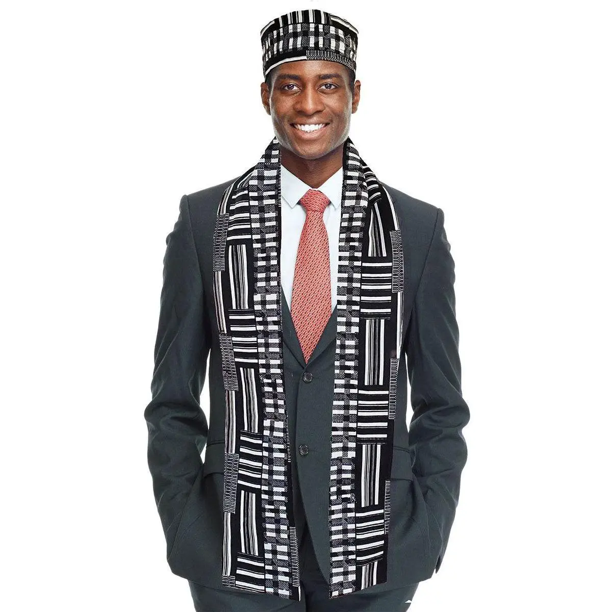 Black and White Kente African Print Hat and Stole/Sash/Scarf