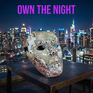 Disco Ball Mirror Mask - Sparkly Silver Glitter Full Face Mask for Rave, DJ Stage Performance & Nightclub, Luxury Masquerade Cosplay Headwear Halloween Party & Festivals anniversary gifts him boo basket love gift Red Rose Fluffy blue gradient backdrop