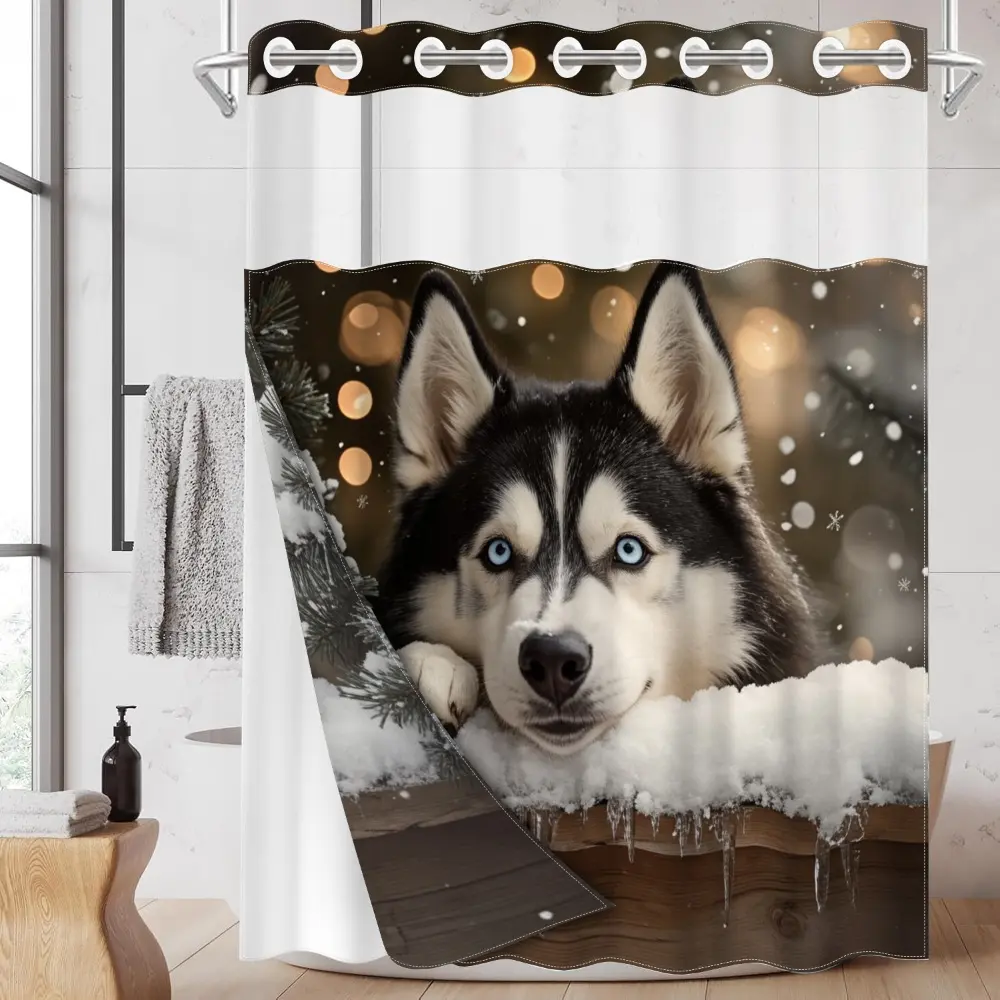 1pc hookless shower curtain with buckle lining, Hookless bathroom curtain, winter husky snow scene design, fabric waterproof lining with see-through window double layer, 71 x 74 inches, home decoration