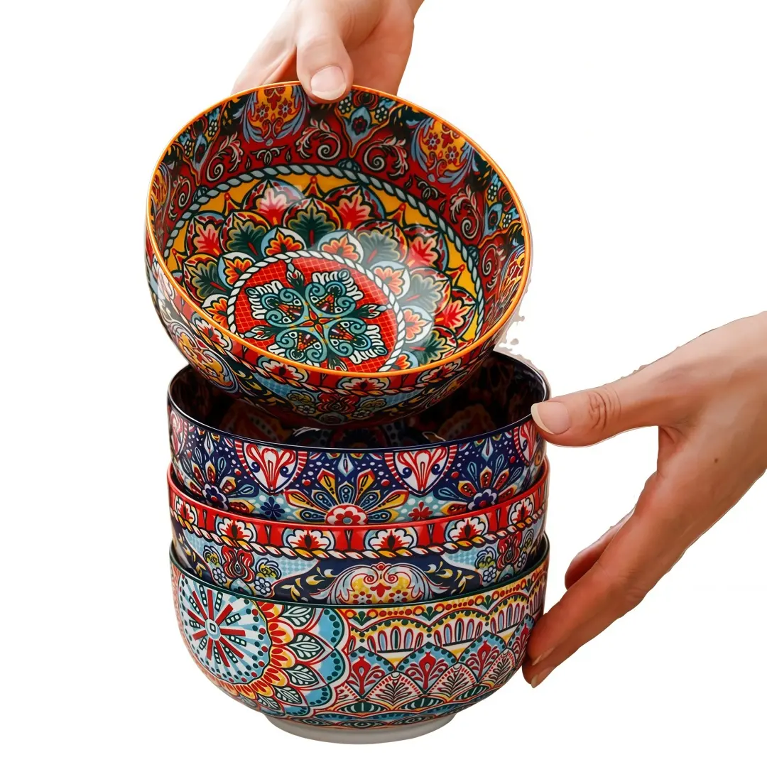 Boho Ceramic Bowl Set of 4, Ceramics Tableware, Microwave Oven Safe, Dishwasher Friendly, Colorful Bohemian Style, Perfect for Entertaining, Christmas Gift, Kitchen Bowls, Cereal Bowls, Ceramic Pasta Bowls