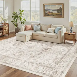 Washable 6x9 Area Rugs for Living Room, Vintage Natural Rug with Non-Slip Backing, Soft Stain Resistant Throw Rugs Thin Carpet for Bedroom Dining Room Farmhouse (6 x 9, Brown/Ivory)
