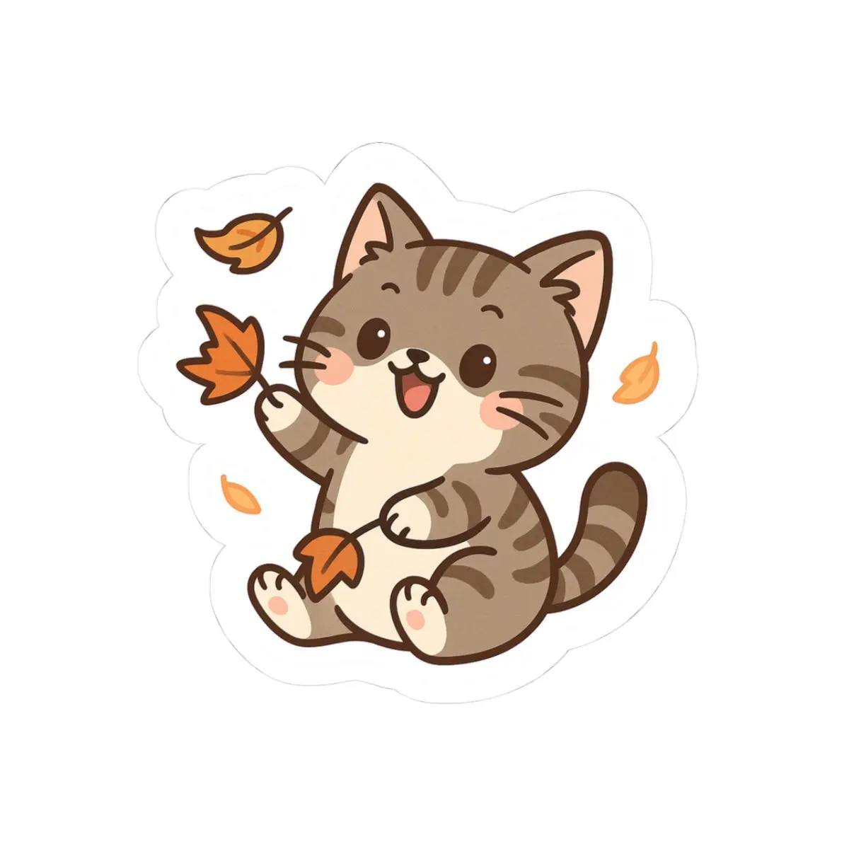 Selva Fall Collection 004 - Playing with Leafy Chibi Kawaii Cat Stickers for Laptops, Scrapbooking, and Home Decor - Durable Waterproof Vinyl - 3x3 Inches