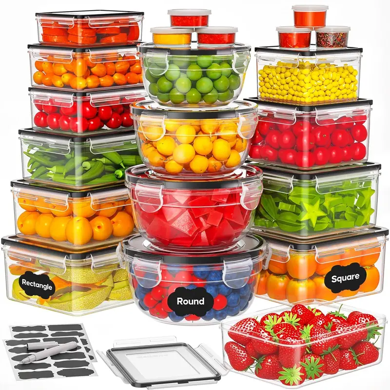 52Pcs Food Storage Containers Set(26 Containers +Lids)Airtight Plastic Meal Prep Kit for Fridge Organizer Containers,Includes Labels /Marker Utensils