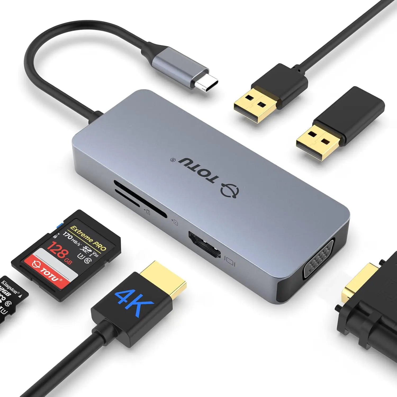 Docking Station TOTU 6 in 1 Type C Hub with 4K HDMI Port, VGA Port, 2 USB 2.0 Ports, SD/TF Card Reader, for MacBook and Other Type C Laptops