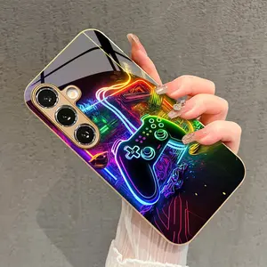 Colorful Neon Gaming Device Wallpaper, Luxury Tempered Glass, Anti-Drop Full Coverage Phone Case for Samsung Galaxy Series