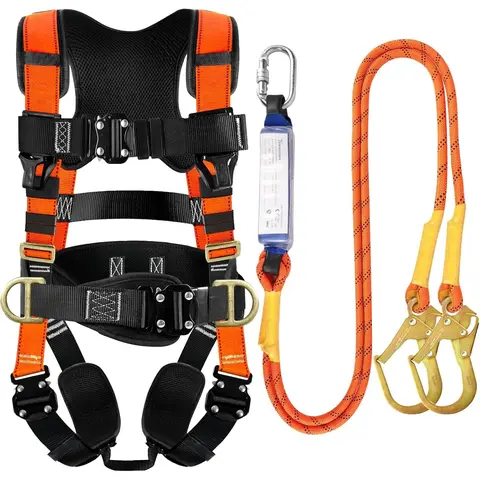 Full Body Safety Harness Fall Protection Kit - Adults' Polyester Construction Accessories with 4 Quick Buckles, Lanyard, Work Accessories, Safetyequipment for Roofing, Camping Essentials (Orange)