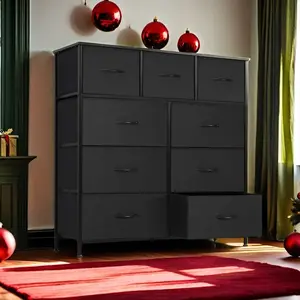 9-Drawer Dresser Fabric Storage Tower for Bedroom Hallway Closet Tall Chest Organizer Unit with Steel Frame Wood Top Easy Pull Handle for Bedroom Living Room Apartment Furniture