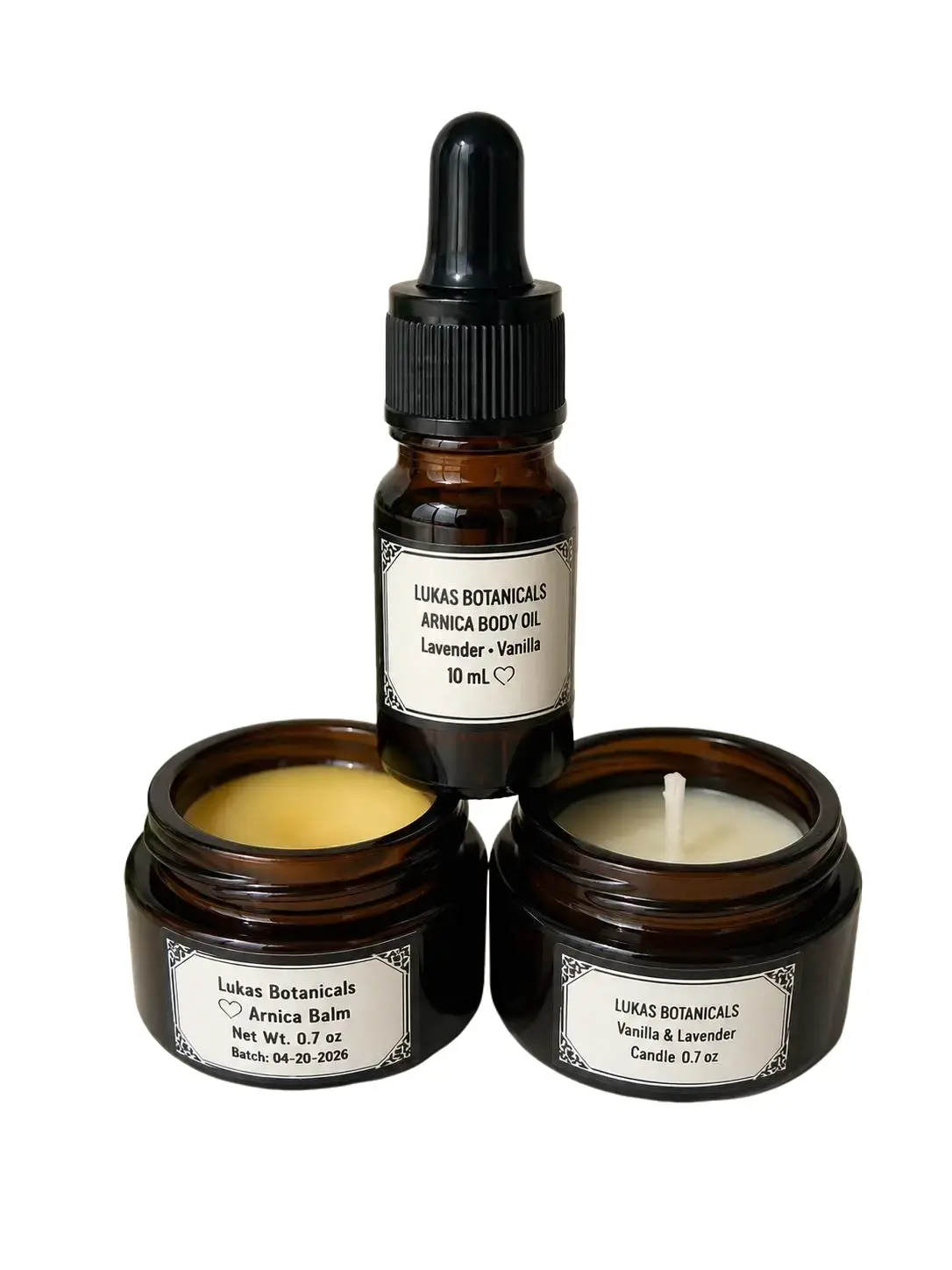 Lukas Botanicals Mini Arnica Self-Care Set | Body Oil, Balm & Lavender Vanilla Candle