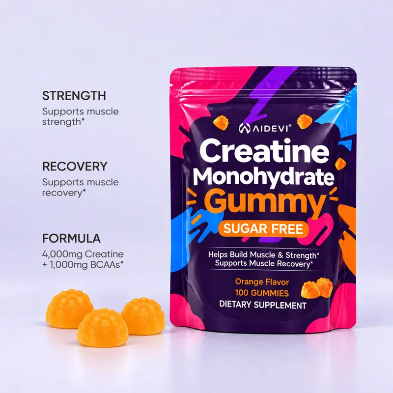 AIDEVI Sugar-Free Creatine Monohydrate Gummies - Cellular Energy & Muscle Support Dietary Supplement, 100 Count (340g) Orange Flavor, 4 Gummies Per Serving (25 Servings) for Adult Fitness