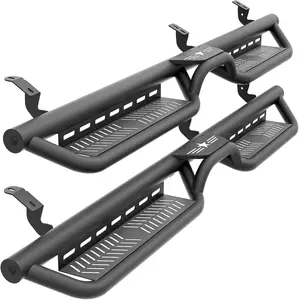 【Yzona】Double Cab Running Boards Side Steps Compatible with 2007-2021 Toyota Tundra Extended Cab (2 Half-Size Rear Doors), Bolt-on Nerf Bar Step Rails, Two Stairs Design (Black Steel, Star Logo)