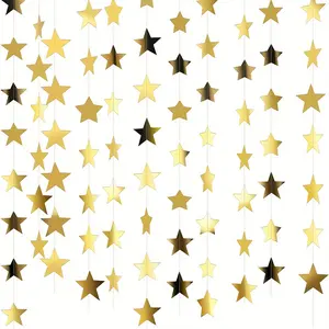 Gold Star Garland - 4m Long Glitter Paper Banner for Star Themed Parties, Engagement, Wedding, Birthday, Christmas Decor