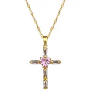 Pink Cross Light Luxury Temperament Gorgeous Full Diamond Necklace for Women Versatile Clavicle Chain Titanium Steel Chain A10008-XL
