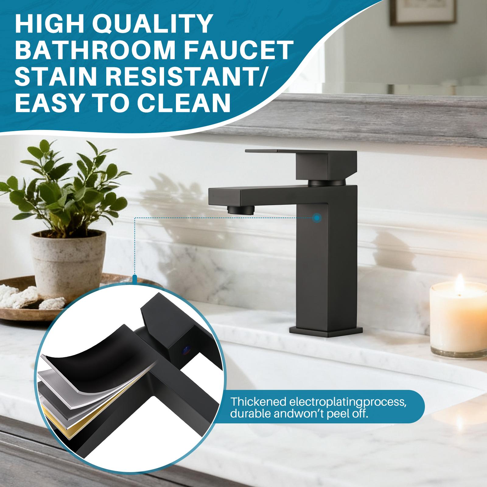 WOWOW matte black Single hole 1-handle Mid-arc Commercial/Residential Handle Bathroom Sink Faucet with Drain with Deck Plate WOWOW matte black Single hole 1-handle Mid-arc Commercial/Residential Handle Bathroom Sink Faucet with Drain with Deck Plate