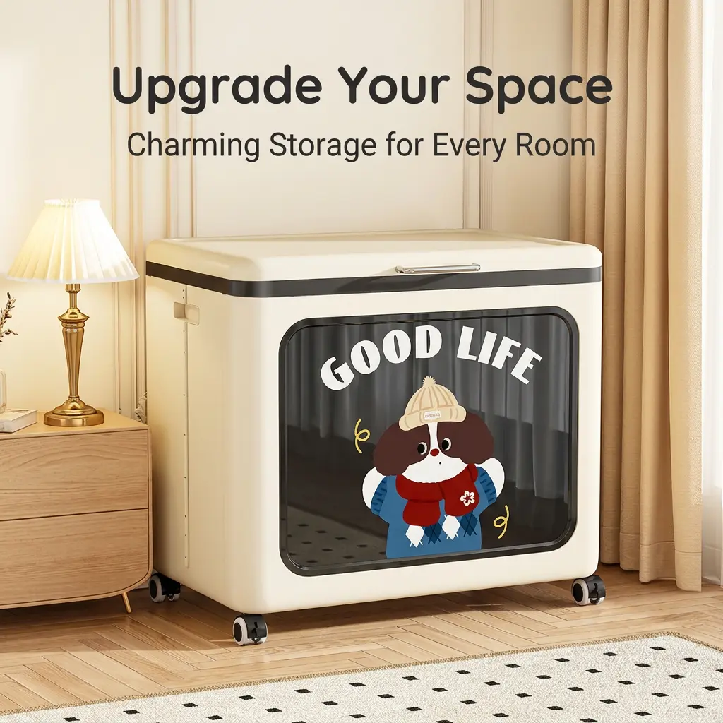 Foldable Storage Bin with Wheels and Transparent Window - Household Home Organizer for Bedroom Closet Clothes, Toys
