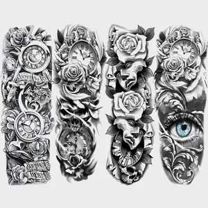 4 Sheets Fashion Temporary Arm Tattoos, Waterproof Realistic Floral Clock Rose Design, Unisex Body Art Stickers for Hands & Thighs