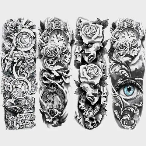 4 Sheets Full Arm Temporary Tattoo Stickers, Ephemeral Tattoos, Waterproof Floral Clock Rose Gothic Skull Tattoo Body Art Tattoos, Realistic Long-Lasting Fake Tattoos for Men Women, Arm Sleeve Tattoos