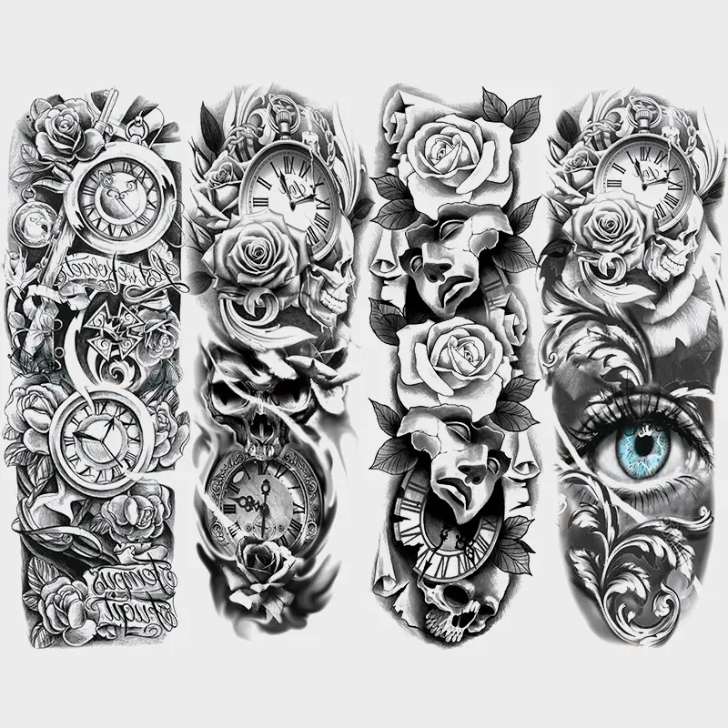 4 Sheets Full Arm Temporary Tattoo Stickers, Waterproof Floral Clock Rose Gothic Skull Tattoo Body Art Tattoos, Realistic Long-Lasting Fake Tattoos for Men Women