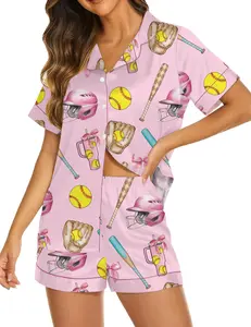 Women's Pink Satin Pajama Set – Softball Print Sleepwear, Sporty Summer Loungewear