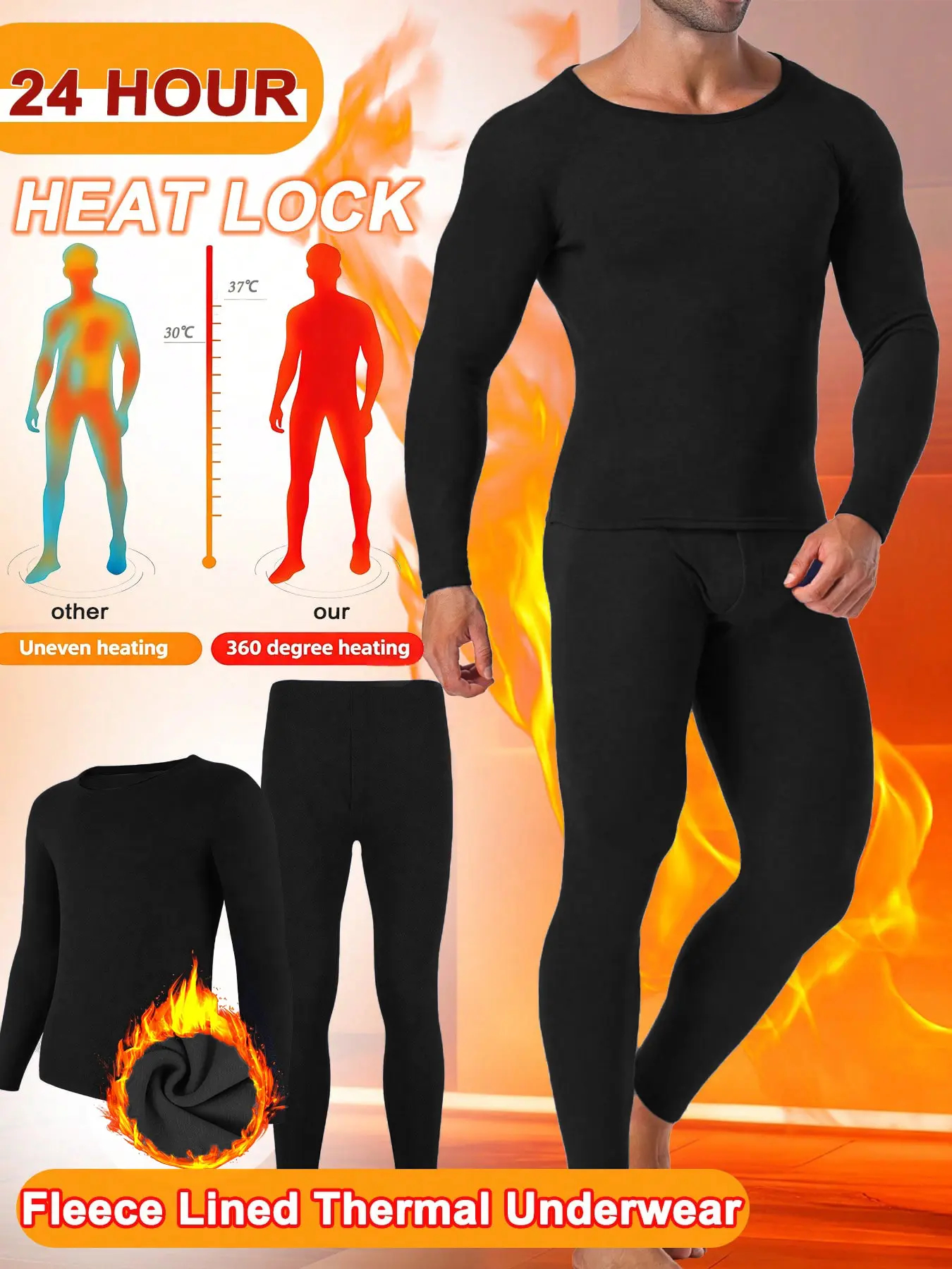Men's 2-Piece Fleece-Lined Thermal Set - High Stretch Knit Base Layer with Odor Control, Fly Crotch, Breathable Fabric for Cold Weather, Fitted, Office, Casual Basics, Long Sleeve Top & Bottom, Activewear