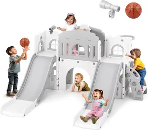 9 in 1 Toddler Slide, Toddler Playground with Double Slides, Climber,Basketball Hoop,Tunnel, Telescope, Storage Space and Non-Slip Step, Indoor Outdoor Backyard Playset for Toddlers Age 1-3+
