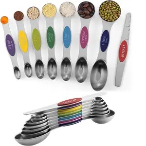 Pack of 8 Stainless Steel Magnetic Measuring Spoons Set, Dual Sided, Stackable, Adjustable Teaspoon and Tablespoon Measure Spoon with Leveler, Kitchen Gadgets