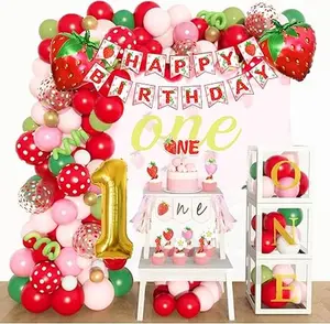 Strawberry Balloon Garland Birthday Banner Cake Topper One Baby Boxes Berry First Birthday Decor for Strawberry 1st Birthday Party Decor Supplies