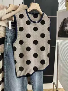 Elegant Polka Dot Vest for Women, Summer Sleeveless Knit Cardigan, Round Neck Contrast Color, Loose Fit Casual Top, Stylish and Cool, Womenswear