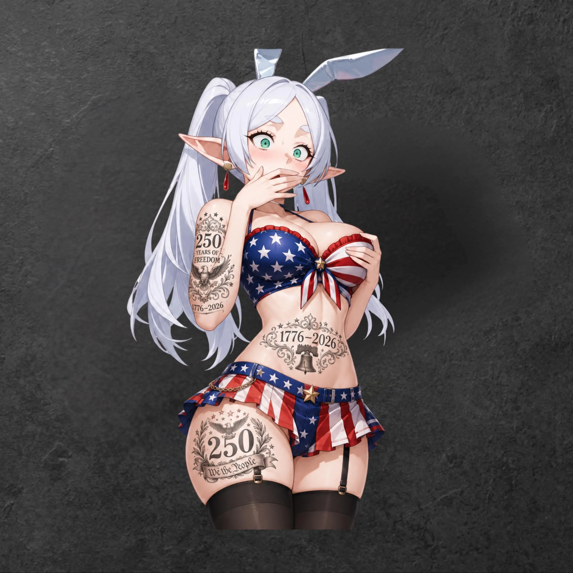 Frieren White Hair Bunny Elf Patriotic Anime Sticker, USA 250 Decal, 1776-2026 Freedom Tattoo Art for Laptop & Bottle