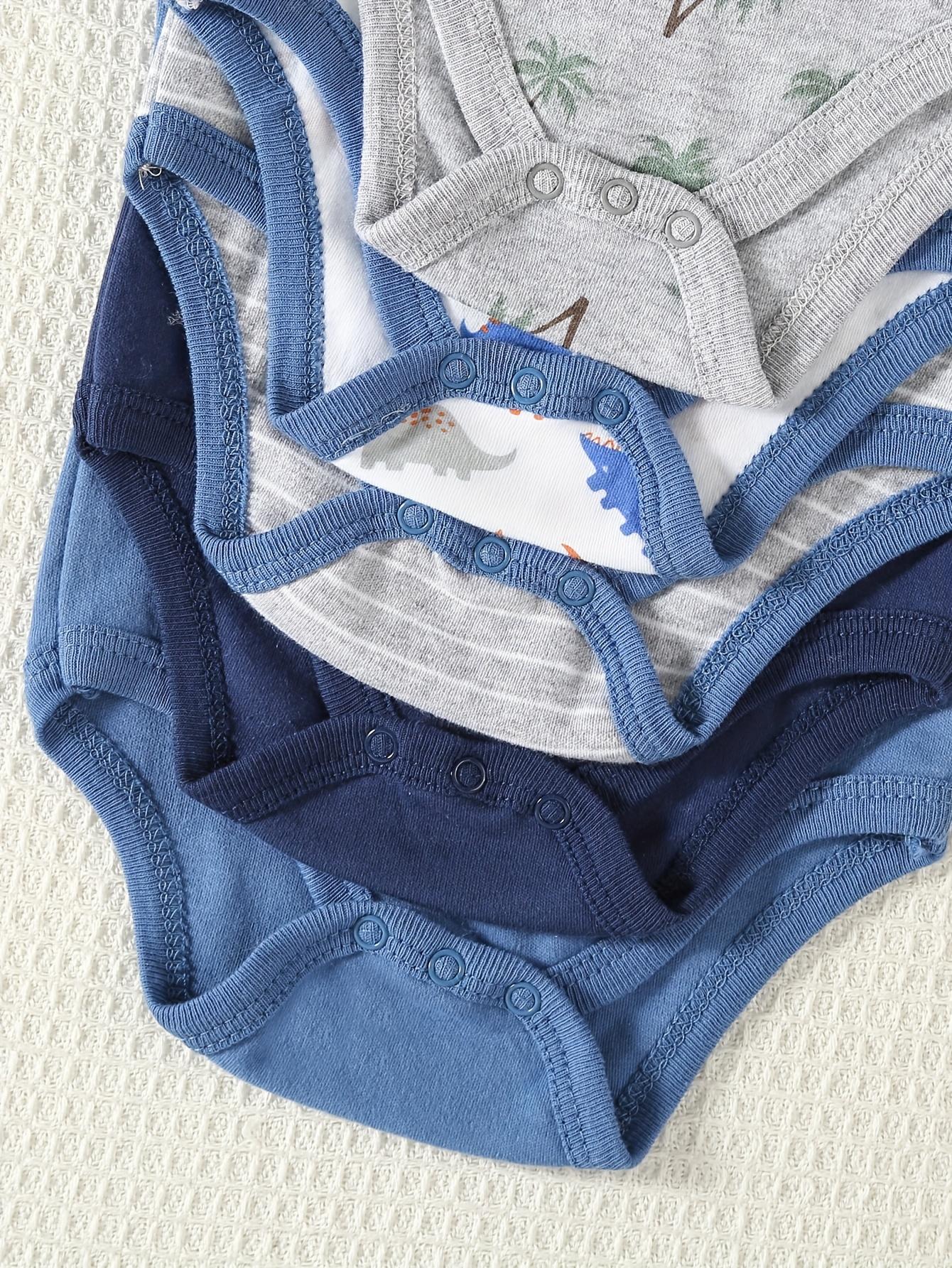 5-piece set of baby boy jumpsuit, baby cotton short sleeved dress, and essential clothing items suitable for baby boy's cartoon dinosaur sports style