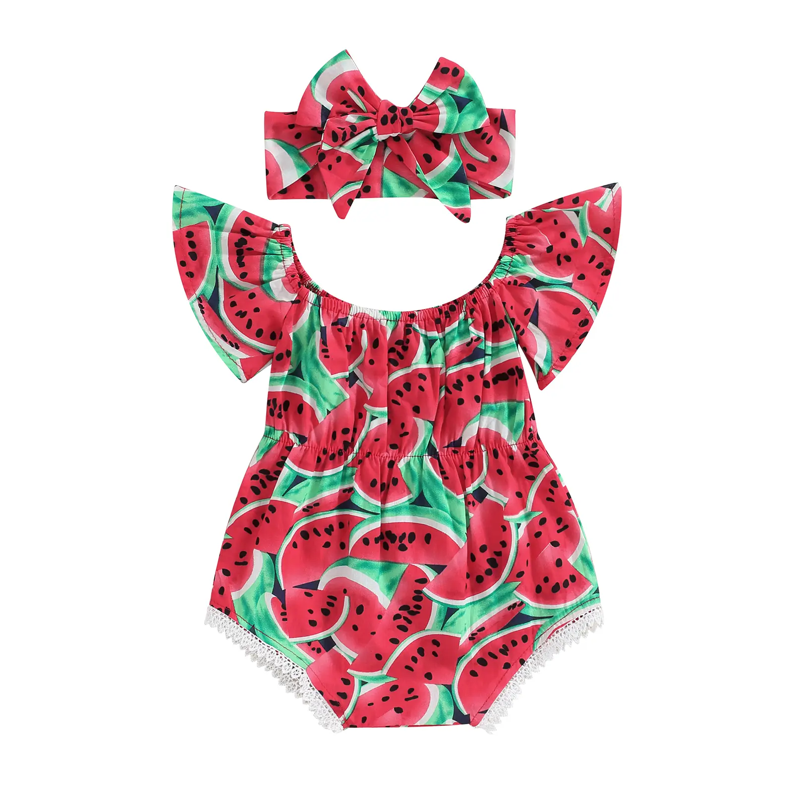 Sprifallbaby Toddler Baby Girl Cotton Blend Watermelon Print Sleeveless Ruffled Romper - Summer Jumpsuit Bodysuit with Elastic Headband, Toddler Outfit
