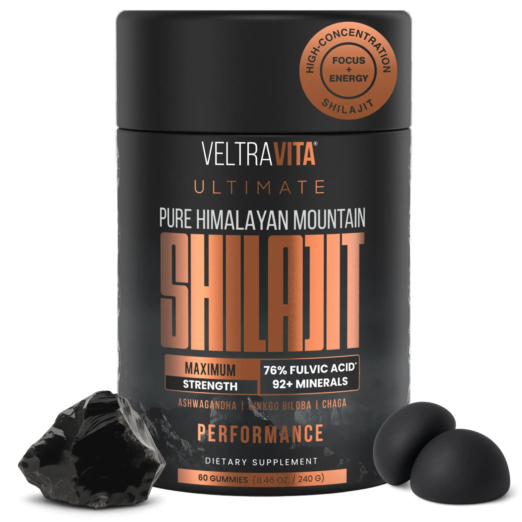 VELTRAVITA Himalayan Shilajit Gummies with Ginkgo Biloba, Chaga & KSM-66 Ashwagandha | Shilajit for Men & Women |10000 mg Max Potency | 76%+ Fulvic Acid & 92+ Trace Minerals | Sugar Free