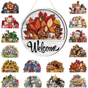 17 count 12 Inch  Welcome Door Sign Interchangeable Front Door Decor Rustic Fall Seasonal Hanging Sign Halloween Christmas Decor for  Warming (Classic Color,Welcome)