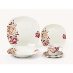 Lorren Home Trends LH428 20 Piece Floral Porcelain Square Dinnerware Set, Service for 4