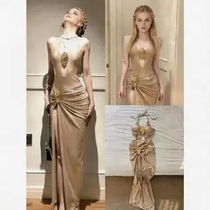 High-end sexy champagne gold one-piece long dress with slit, two-piece bikini for spa vacation gatherings