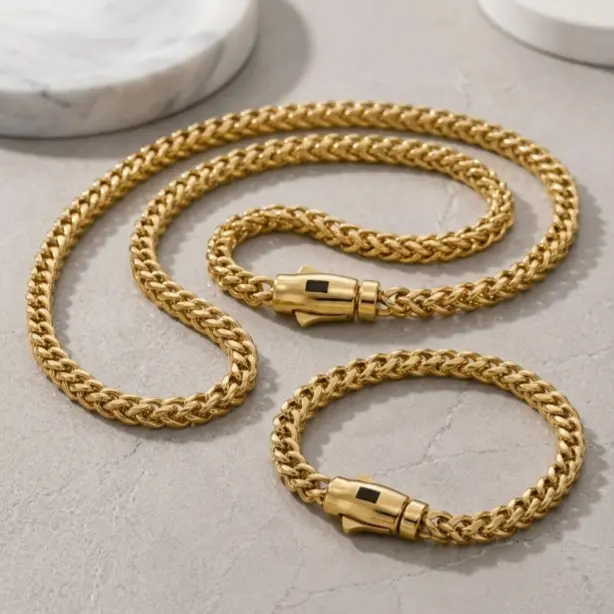 6mm Gold Franco Chain Necklace Bracelet for Men Women, Wheat Spiga Foxtail Braided Box Link Chain, S Logo Clasp Hip Hop Streetwear Jewelry