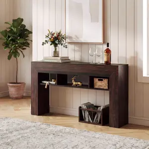 63" Extra Long Farmhouse Wood Console Table, Thickened Base & 3 Open Storage Shelves, Behind-Couch Entryway Table for Living Room, Hallway, Entrance & Foyer
