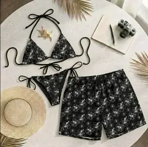 [Hot Summer 2026] - Matching Couple Swimwear Set Black Floral Bikini and Hawaiian Shorts Beach Fit