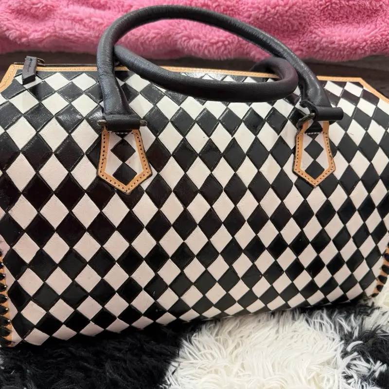 Large Black and White Checkered All-Tooled Leather, hand painted speedy with cross body strap attachment