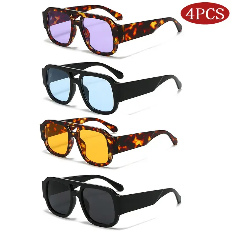 4-Pack Retro Square Plastic Sunglasses for Male, Large Double-Bridge Frames, Candy Colors, Wide Legs, UV400 Eye Protection, Modern Stylish Hiking Outdoor Eyewear, Beach Summer Fashion Accessory