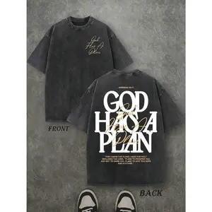 Vintage Washed Double-sided Printed T-shirt, 230g Pure T-shirt with "God Has a Plan" Lettering Print, Women's T-shirt, Women's Casual and Comfortable Stylish T-shirt, Street Style T-shirt