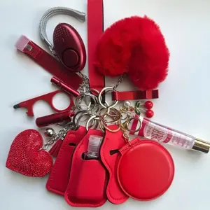 Keychain Accessories Safety Light Wristlet Bling Heart Keychain Lip Gloss Heart Pom Pom-Flip Open Mirror and More-Red-Cherry Charm Keychain