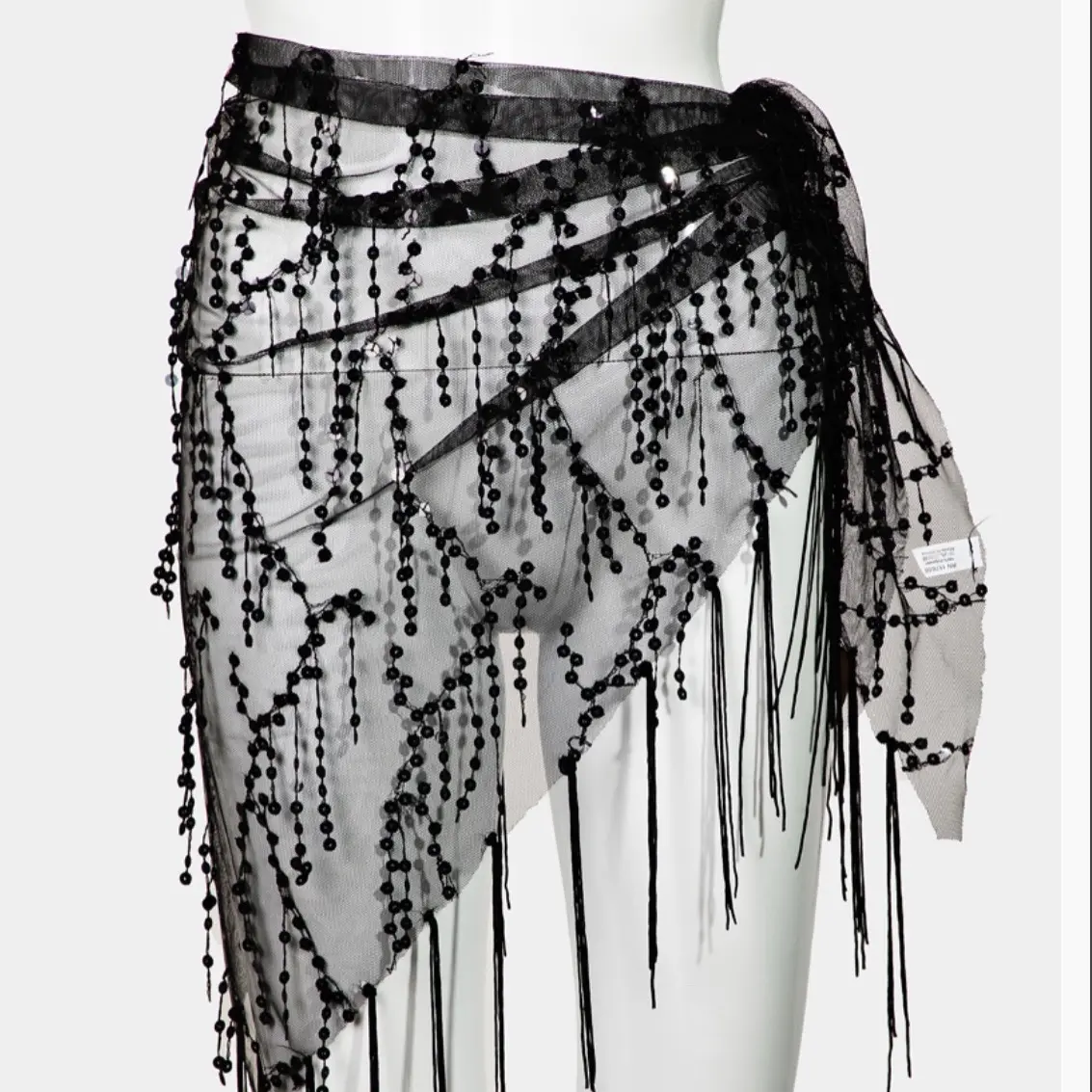 Black Sequin Fringe Mesh Sarong